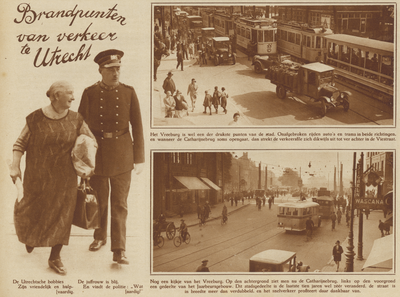 872752 Collage van 3 foto's betreffende de verkeersdrukte in het centrum van Utrecht, met links een afbeelding van een ...
